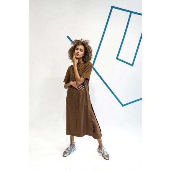 Wolcott : Takemoto HAMLET Midi DRESS - SILTY BROWN sz M - Picture 2 of 11